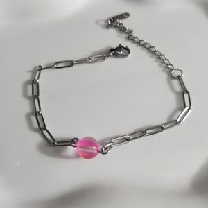 Stainless steel pink aura quartz paper clip bracelet